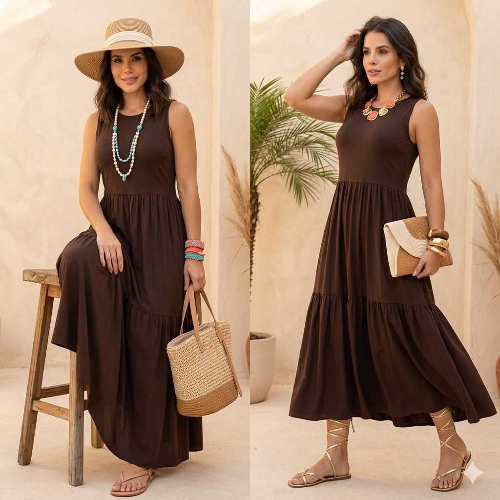 Vestido Feminino Regata Longo Elegante Malha Confortável Saia 3 Marias 502