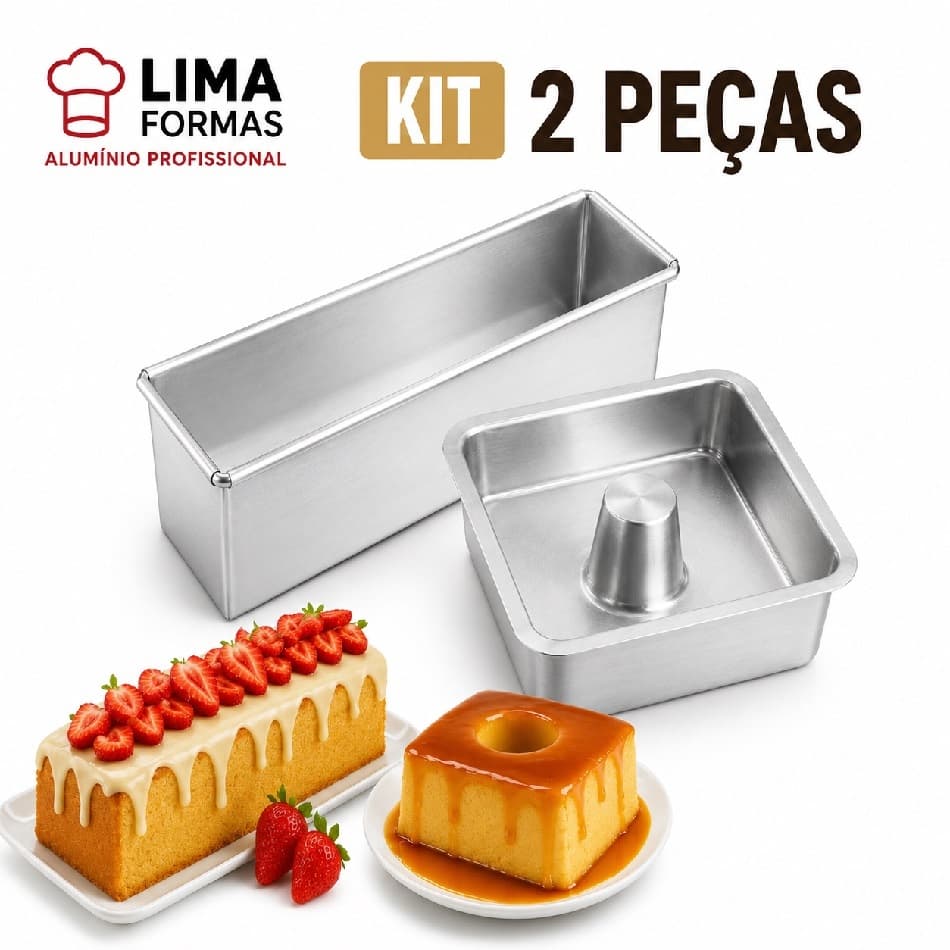 Kit 2 Forma de Bolo Alumíniol, Forma Pão Inglês Alto, Bolo de Fatia + Forma Quadrada de Pudim
