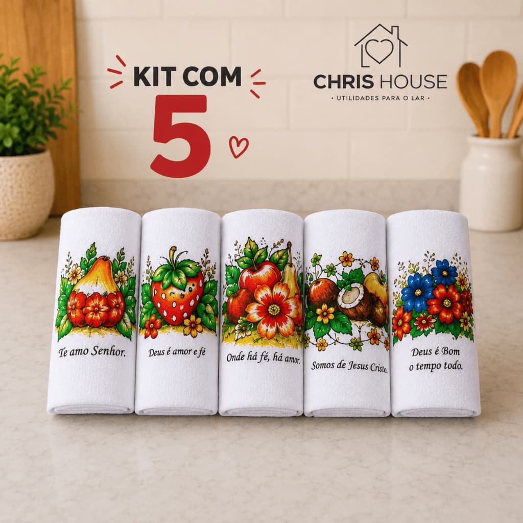 5 Unidades Pano de Prato Estampado Premium 45X75 - Algodão, Viés, Estampas Sortidas