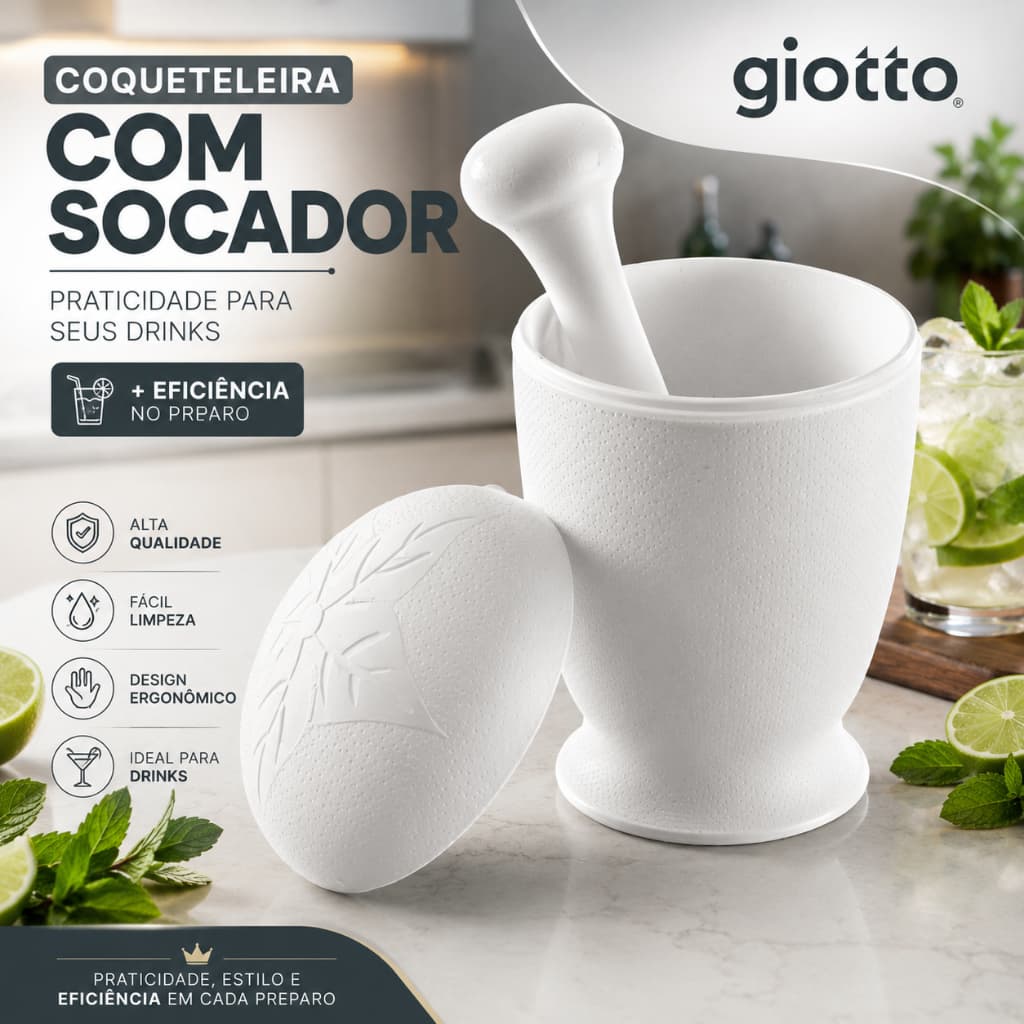 Coqueteleira com Socador Branco Mixer Drinks Caipirinha Bebidas Bar Cozinha Resistente Giotto