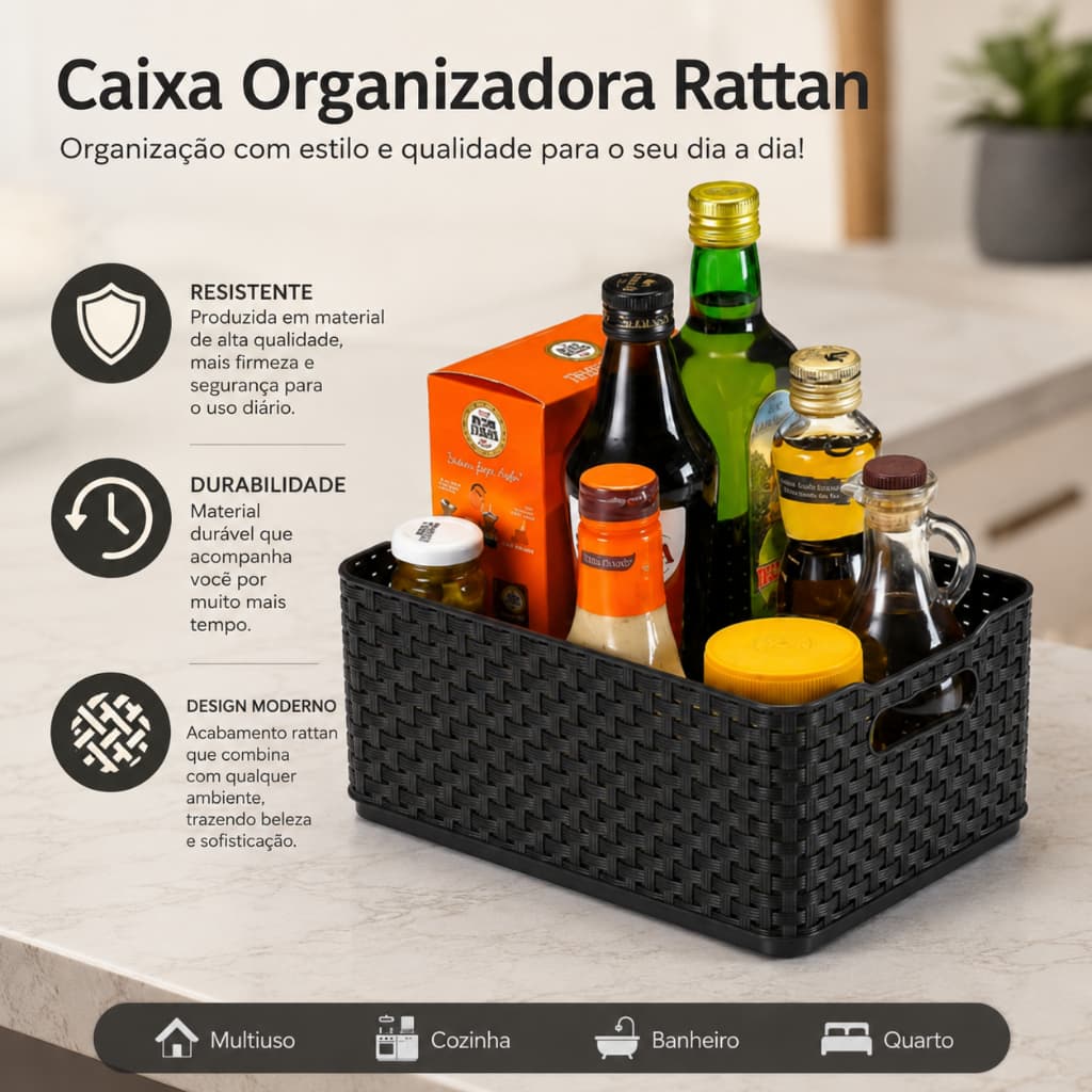 Caixa Organizadora Rattan 7 Litros  Com Tampa Multiuso Cesto Organizador Decorativo Resistente- Arqplast