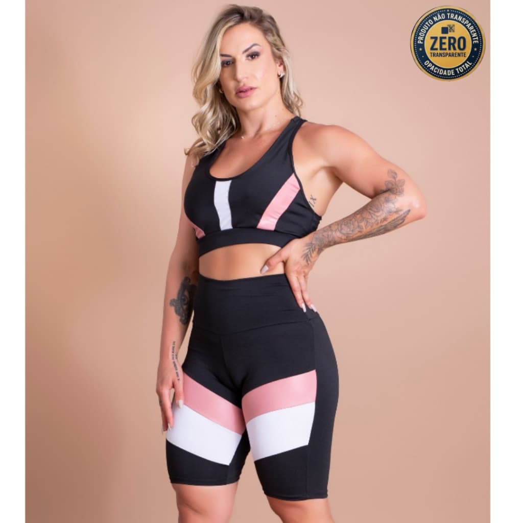 Conjunto Fitness Feminino Bermuda Cintura Alta Recorte Perna E Top Nadador Liso Sustentação Academia Treino GJR Modas