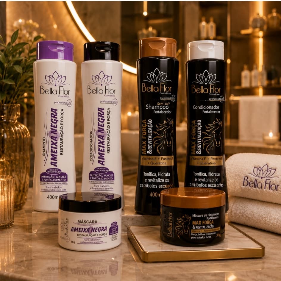 2 Kits Capilares Ameixa Negra e Força 6 Produtos Shampoo Condicionador Máscara Bella Flor Hidratação Brilho Profissional
