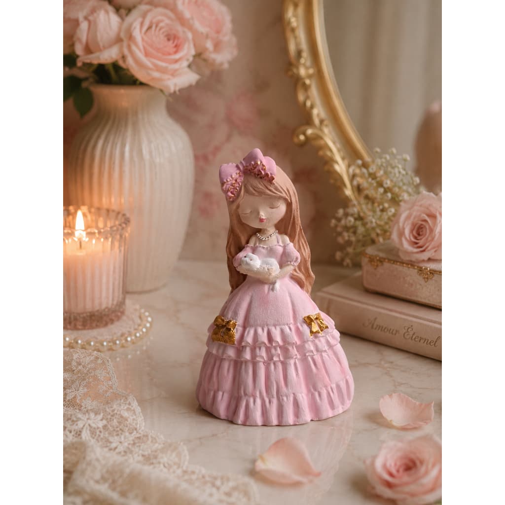 Kit Bandeja Decorativa + Escultura Menina Princesa Porta Joias Luxo;Kit Decor Rosa Gold Menina com Bandeja Organizadora
