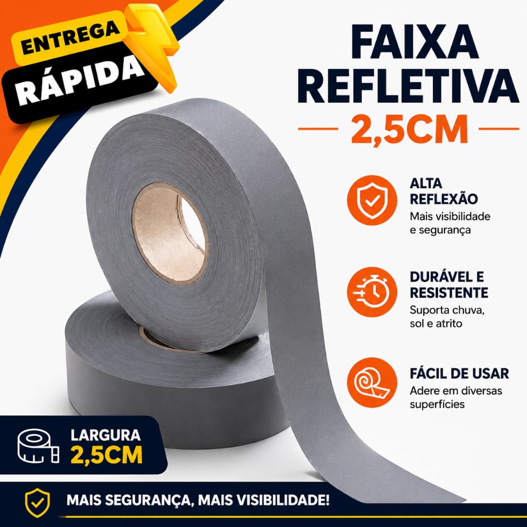 Fita Faixa Refletiva Prata 2,5 Sinalização para Uniformes Colete Roupas