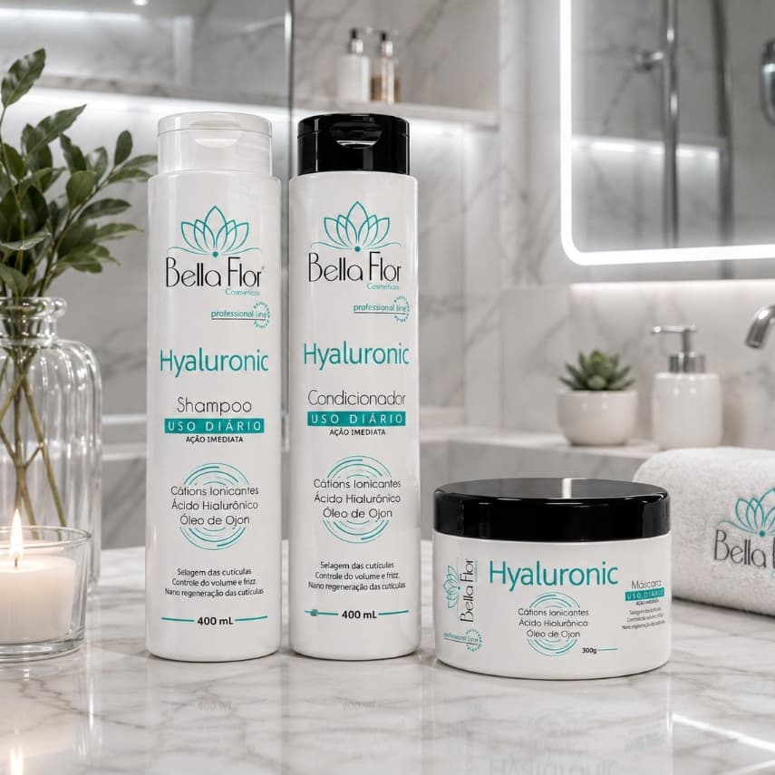 Kit Capilar Hyaluronic 3 Produtos Shampoo Condicionador Máscara Bella Flor Anti-Frizz Brilho Profissional