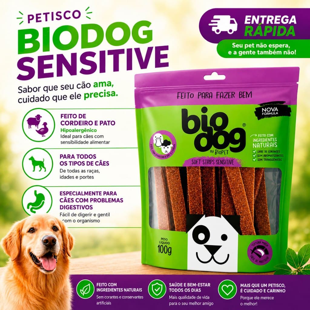 Petisco Biodog Sensitive Pato e Cordeiro Hipoalergênico Bifinho Mordedor