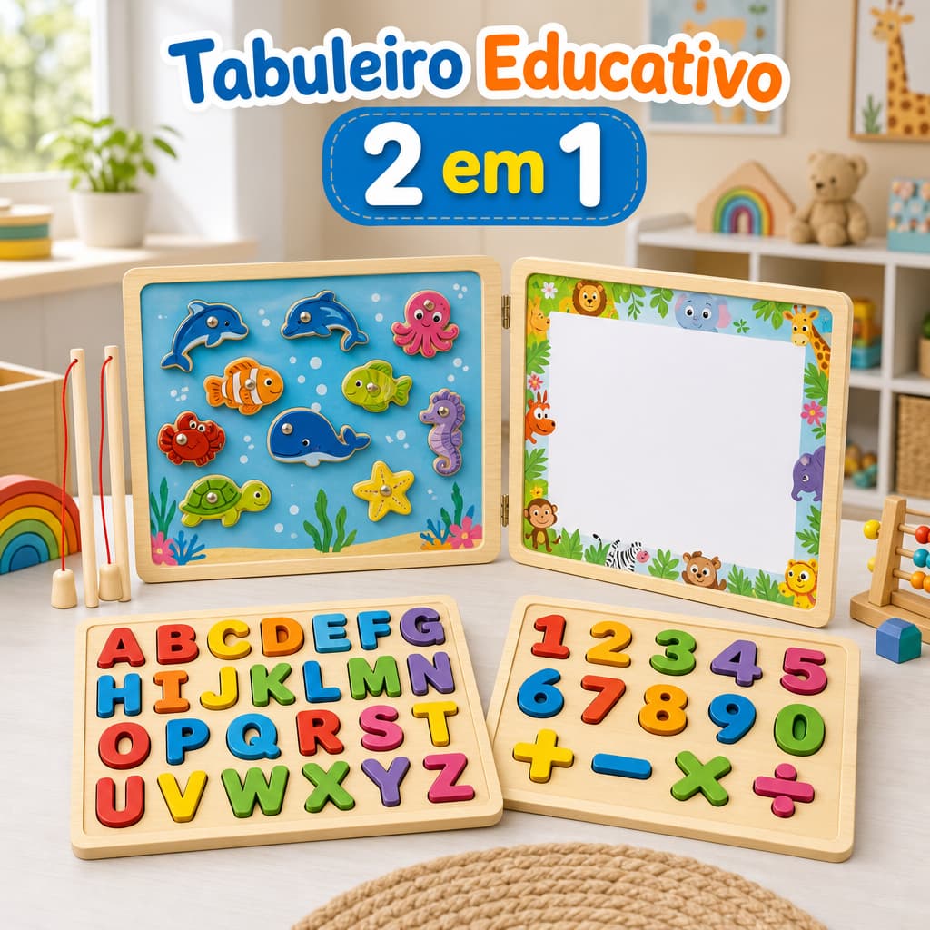 Brinquedo Educativo Madeira Montessori Pedagógico Infantil Tabuleiro Encaixe Letras Números Pescaria