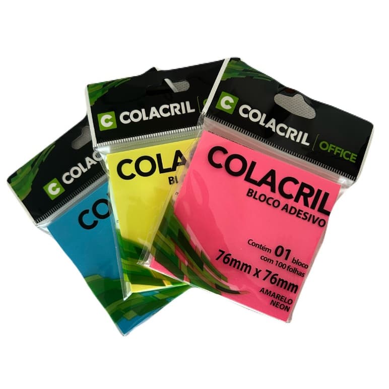Kit 3 Blocos Post It Adesivo 76x76 mm Colacril Cores Sortidas.
