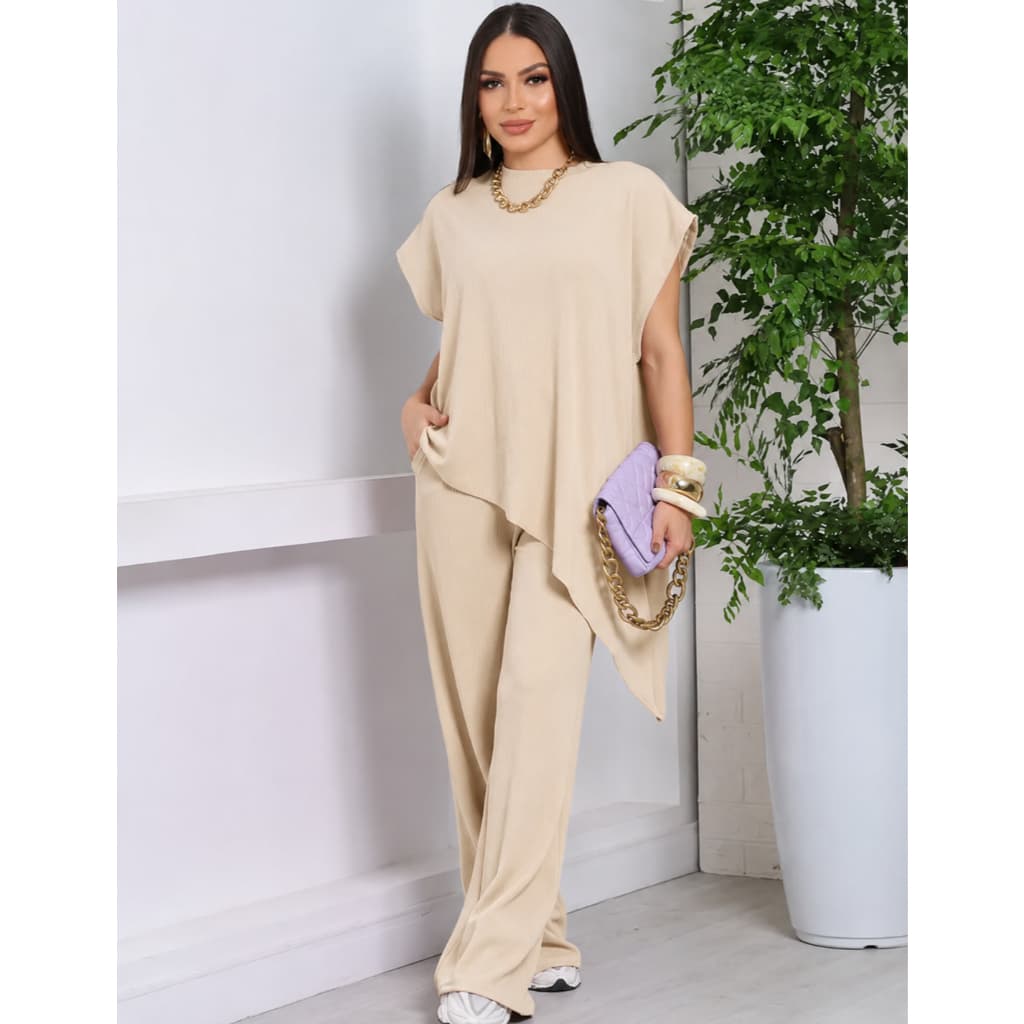 Conjunto Femenina Calça Pantalona Longa Blusa Assimetrica Alongada Anarruga Elegante Veste 36 ao 48