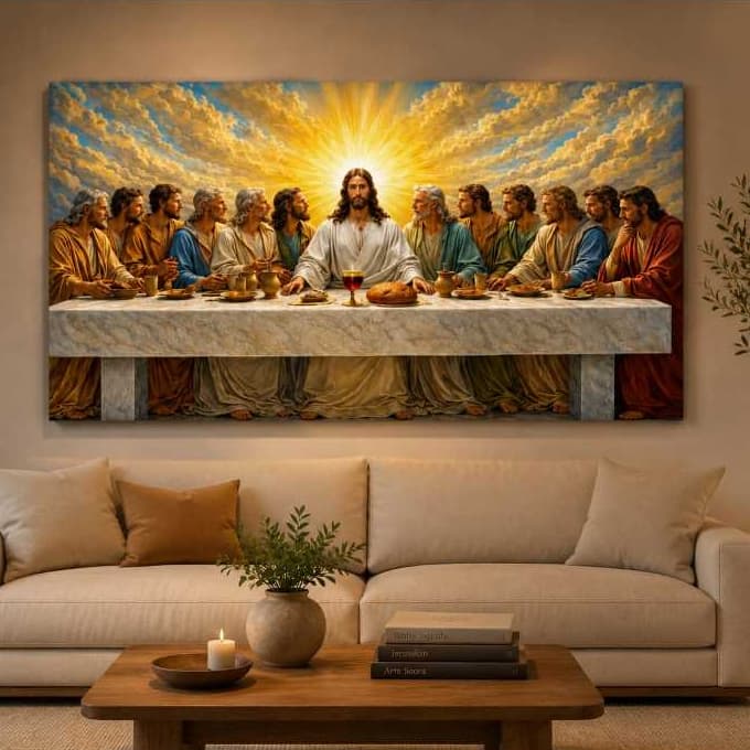 Quadro Decorativo Grande Santa Ceia Luxo 3D – Arte Religiosa Cristã Sala Igreja Templo Religioso