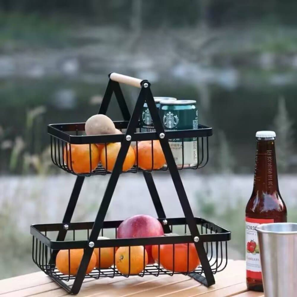 FRUTEIRA DE METAL MULTIUSO 2 ANDARES COM ALÇA EM MADEIRA, ELEGANTE, RESISTENTE E IDEAL PARA ORGANIZAR FRUTAS!