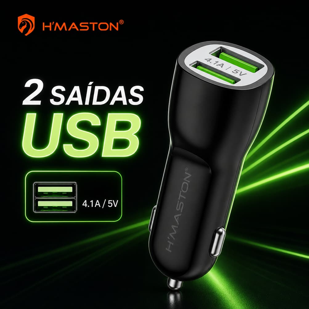 Carregador Veicular Turbo H’Maston CB-07 2 USB Carga Rápida para Celular Android iPhone Carro