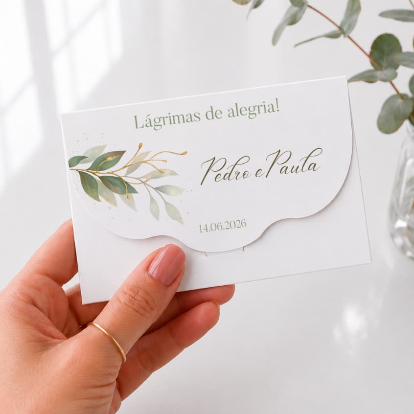 Lenços Lágrimas de Alegria Personalizado para Casamento Envelope com Lenço Papelaria Casamento Tendência 2026