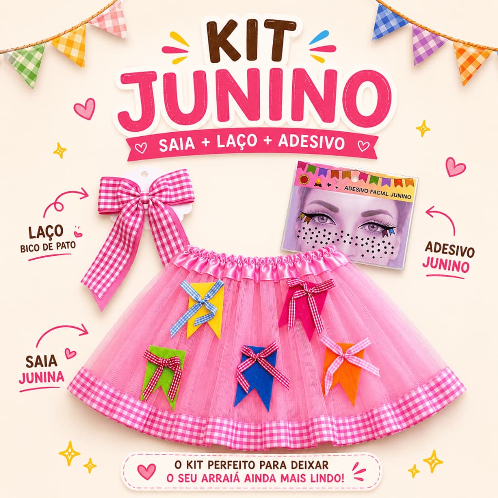 Kit Junino Feminino Saia Tule Colorida Laço Bico De Pato Adesivo Facial Festa Junina