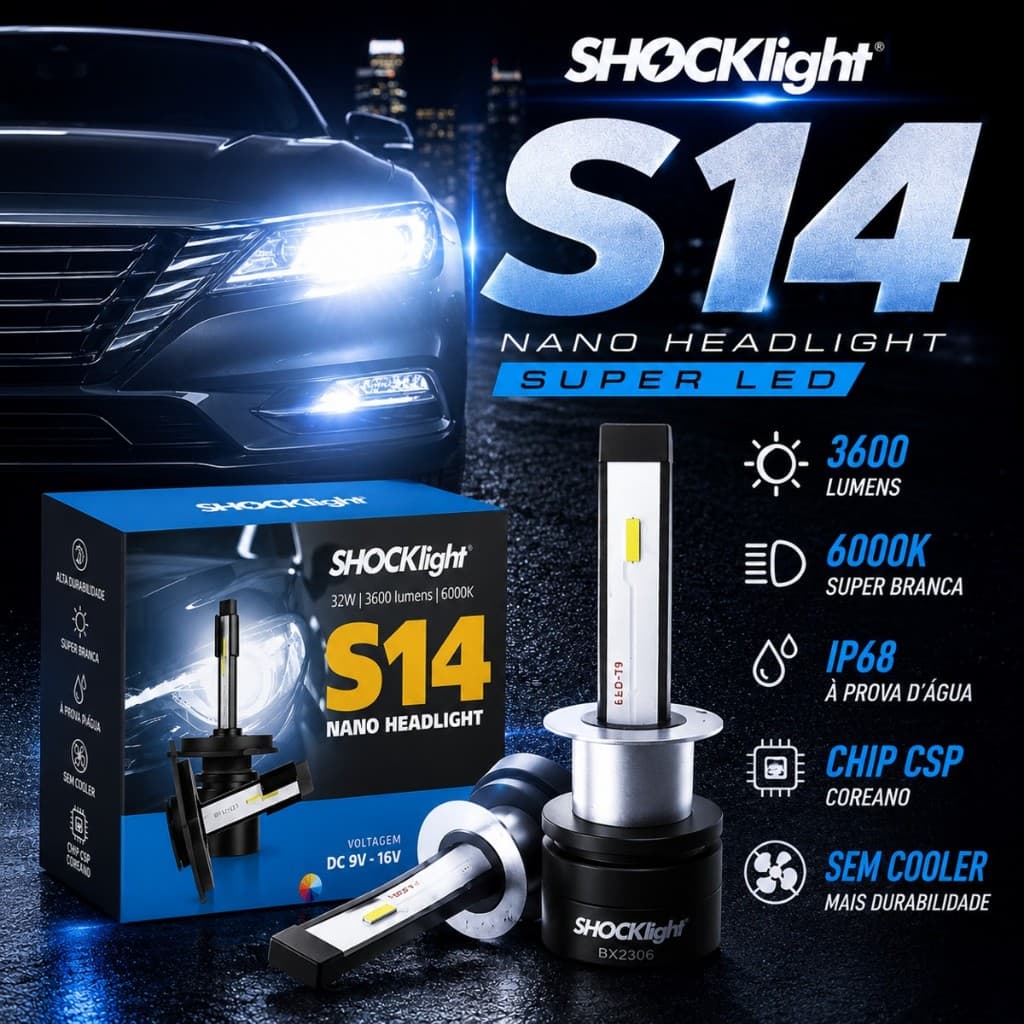 Par Lâmpada Led Shocklight S14 Nano Headlight 3600LM 6000K H4 H7 H11