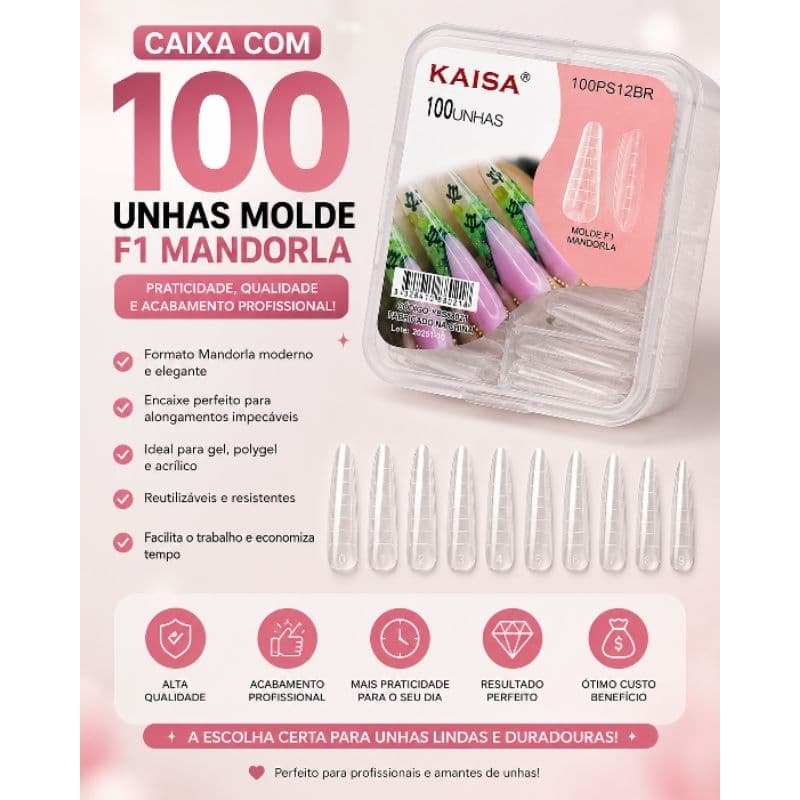 Caixa com 100 unhas Molde F1 Mandorla 💅 Alongamento de Unhas Profissional | Fácil Aplicação + Reutilizável