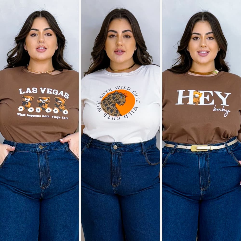 Kit 03 Camiseta Feminina Plus Size T-Shirt Estampada Basica Casual Boho Nude Blusinha Moda Verão