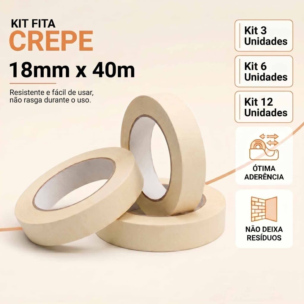 Kit Fita Crepe Branca 8mm x 40m Para Pintura Escritório Uso Escolar e Geral - Kit 3 Kit 6 e Kit 12