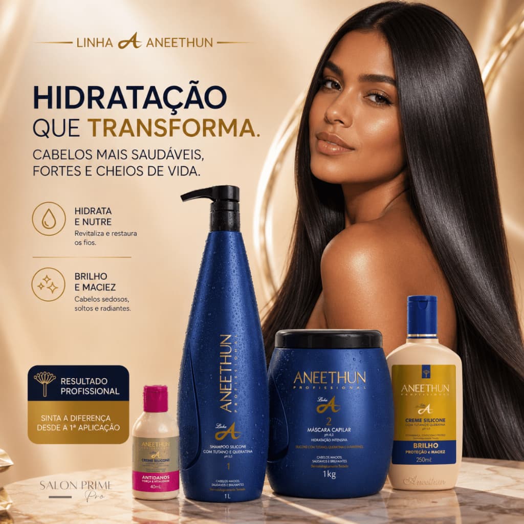 Kit Aneethun Linha A Hidratação Nutrição Brilho Maciez Shampoo 1L Máscara 1Kg e Creme Silicone 250ml + Brinde