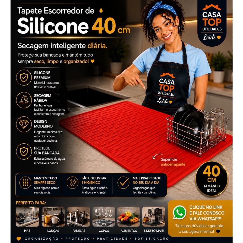 Tapete Escorredor Silicone Antiderrapante Secagem Rápida Louça Cozinha 40cm