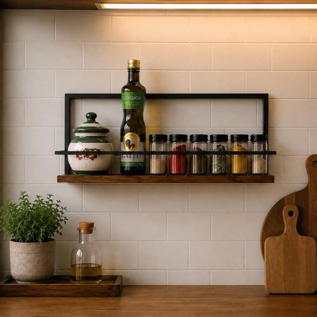 Prateleira Porta Temperos e Condimentos Cozinha Suporte Utensílios Suspenso de Metal e Madeira Pinus