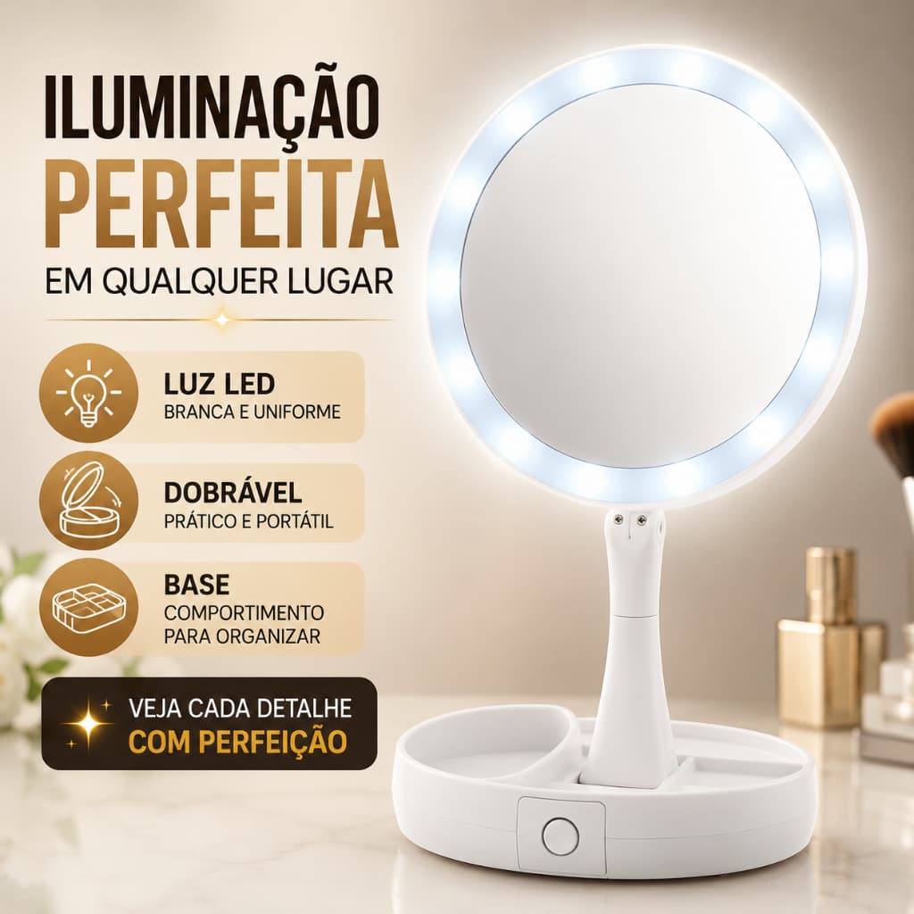 Espelho LED Dobrável Portátil espelho com ampliação 10x
