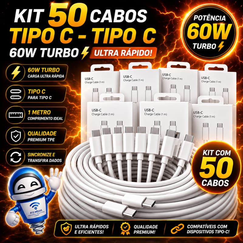 ⚡Kit com 50 Cabos TRANÇADOS Tipo C para Tipo C 60W Turbo PD 1 Metro Carregamento Rápido Alta Qualidade