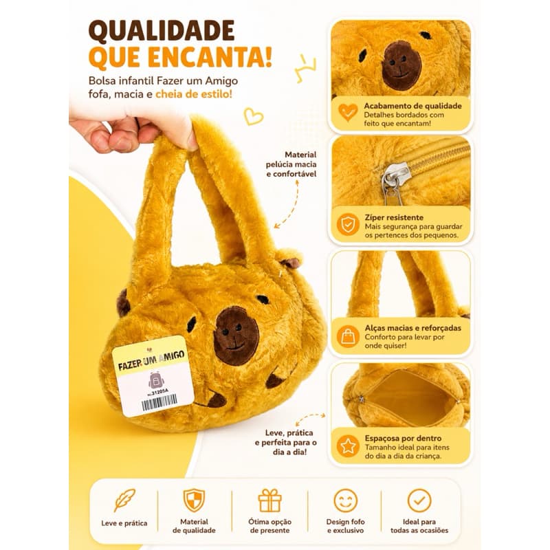 Bolsa Capivara Infantil Mini Pelúcia Marrom - Design Multifuncional e Material Durável - 31206BB