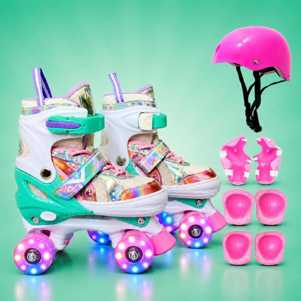 Patins Arco Iris Quad 4 Rodas Infantil com Led em todas Rodinhas + Bolsa + KIT COMPLETO DE PROTEÇÃO