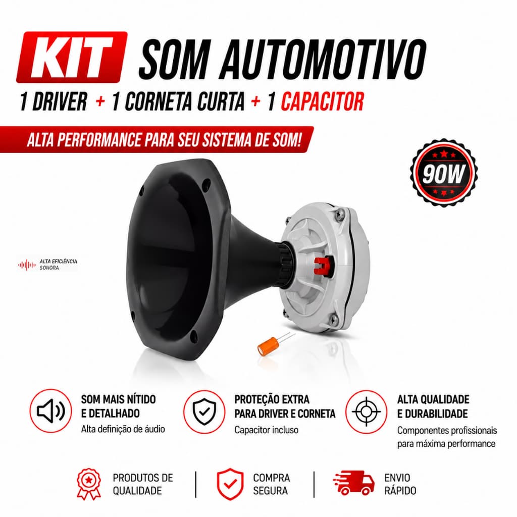 Kit Som Automotivo Com 1 Driver D250X Musicall 200W 1 Corneta Curta e 1 Capacitor