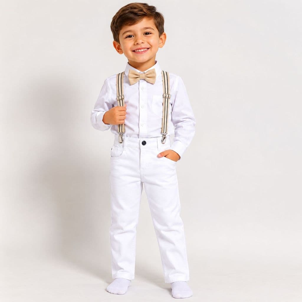 Conjunto Roupa Batizado Branca Calça Camisa Suspensorio e Gravata Infantil Menino