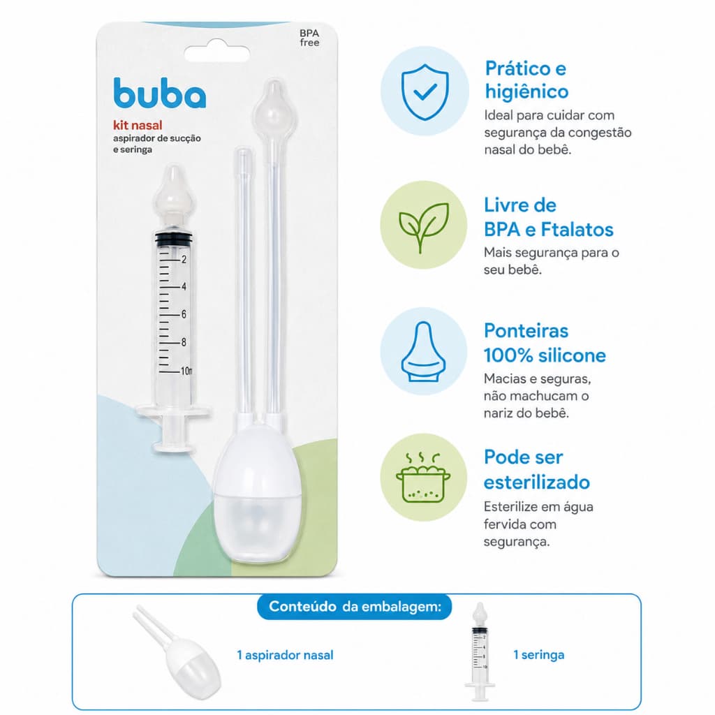 Kit Nasal Aspirador de Sucção e Seringa Ponta Silicone 10ml Buba