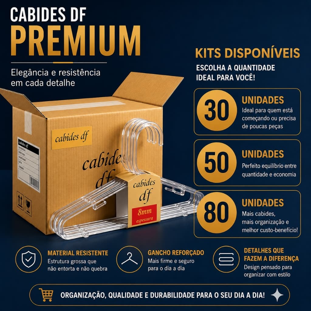 Kit Cabide Acrílico Cristal Luxo 8mm Espessura 40cm Adulto Reforçado Atacado 30 / 50 / 80 Unidades