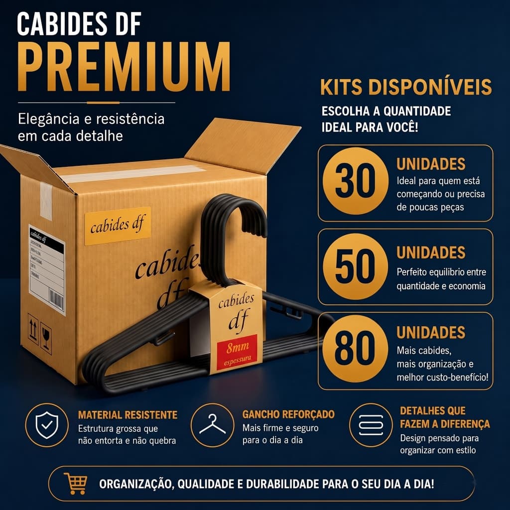 Kit Cabide Adulto Preto 8mm Reforçado Tradicional Atacado - Opções 30, 50 ou 80 Unid Organizador