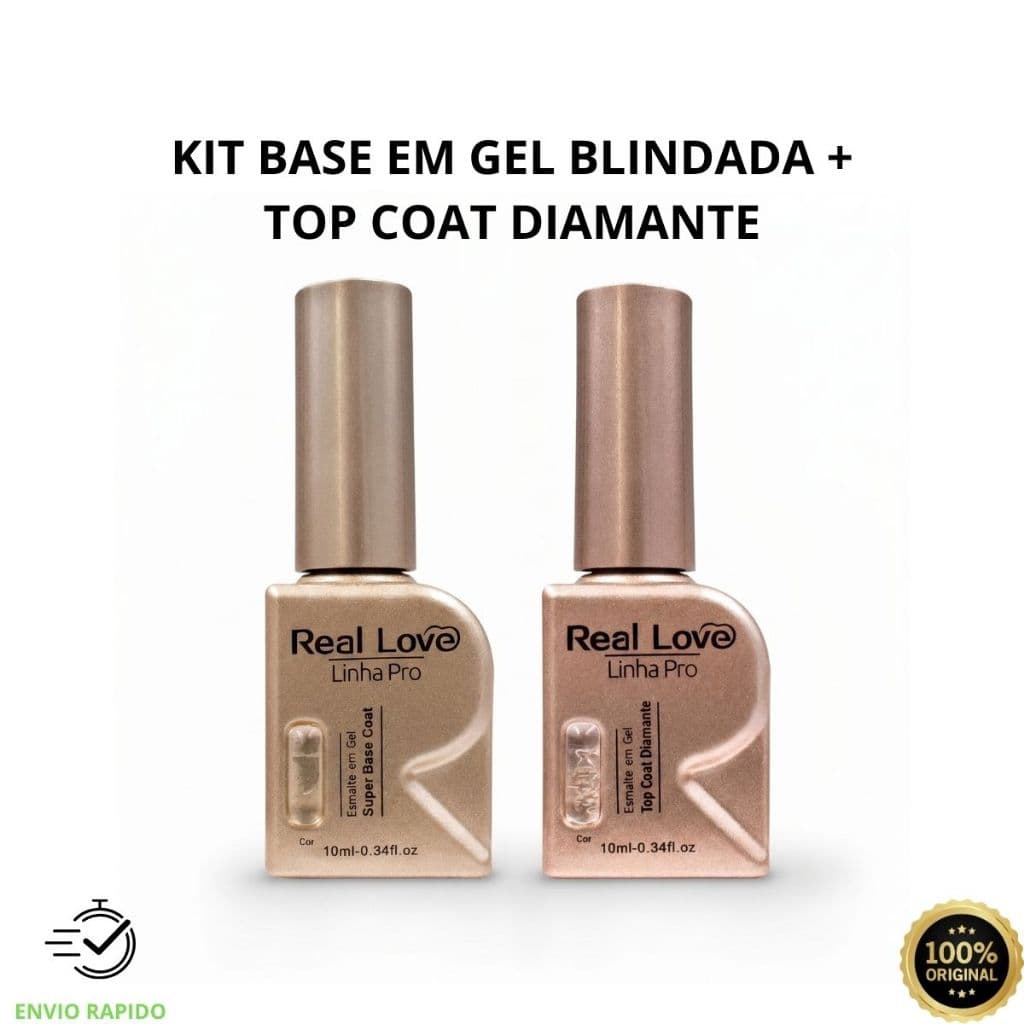 Kit Base em Gel Blindada + Top Coat Diamante Real Love 10ml Sem HEMA Sem TPO Blindagem de Unhas UV LED