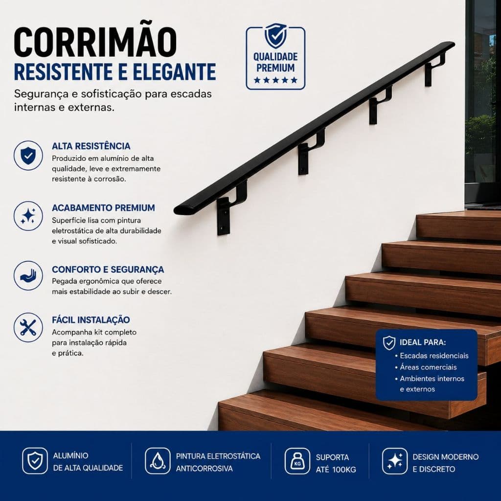 Corrimão Modelo Chato Material Aluminio 4,50 Metros Com Emenda Perfeita
