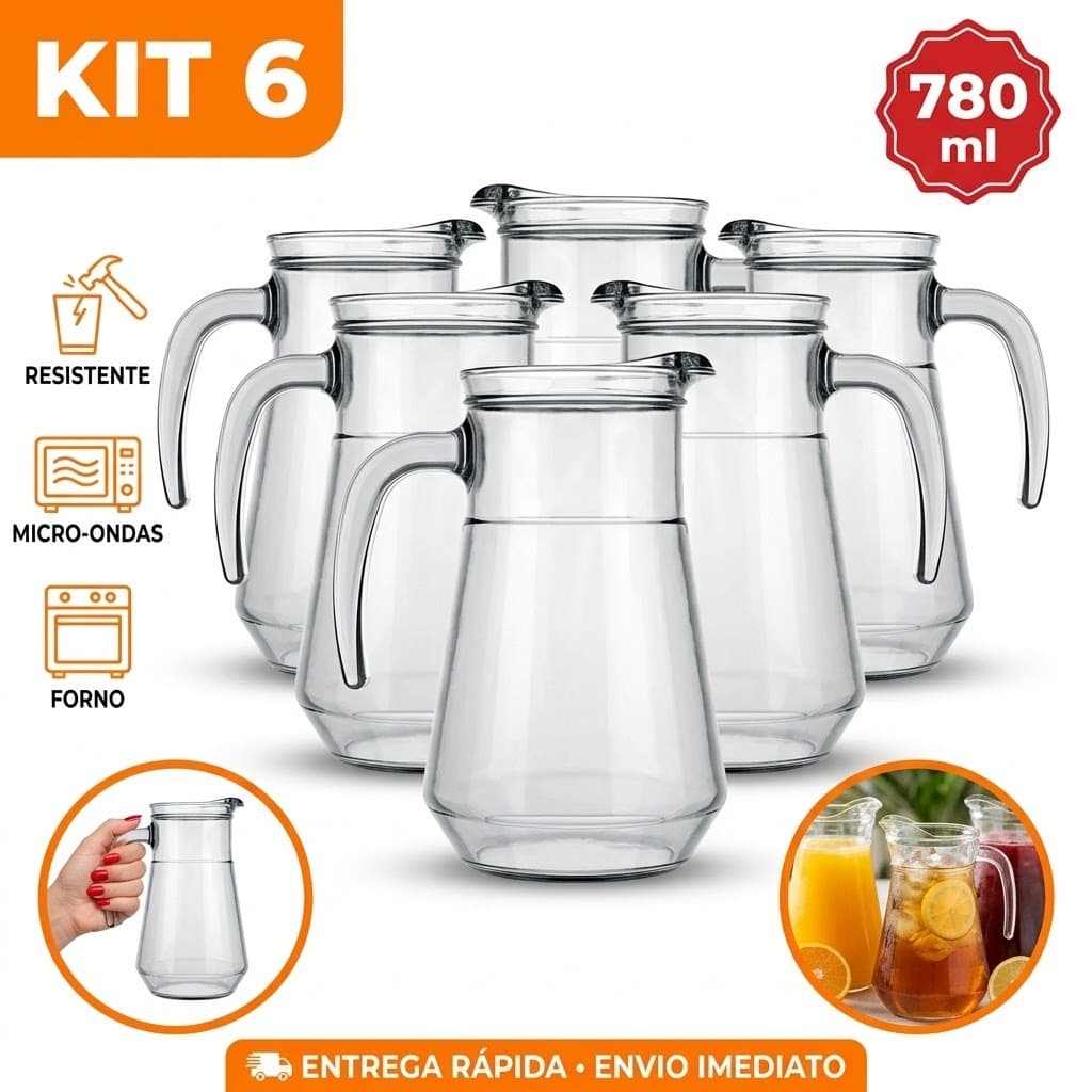 Kit Jogo de 6 Jarras de Vidro 780ml Nadir Figueiredo Bar Sempre Elegantes Resistentes para Suco Água e Drinks