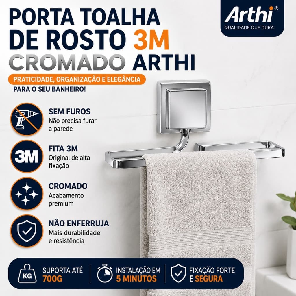 Porta Toalha Arthi Cromado 3M Sem Furar Parede
