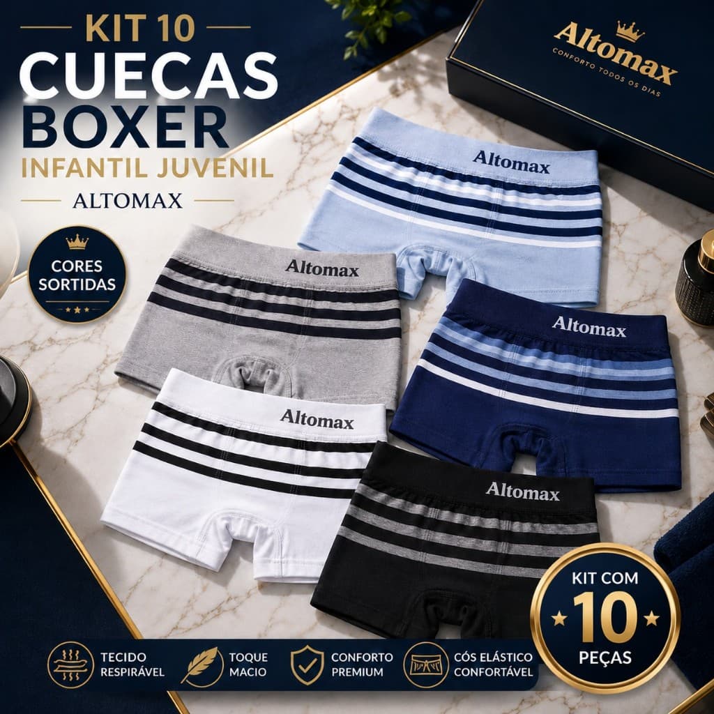 Kit com 10 Cuecas Infantil Altomax Importada Boxer Confortável Respirável Alta Qualidade Juvenil