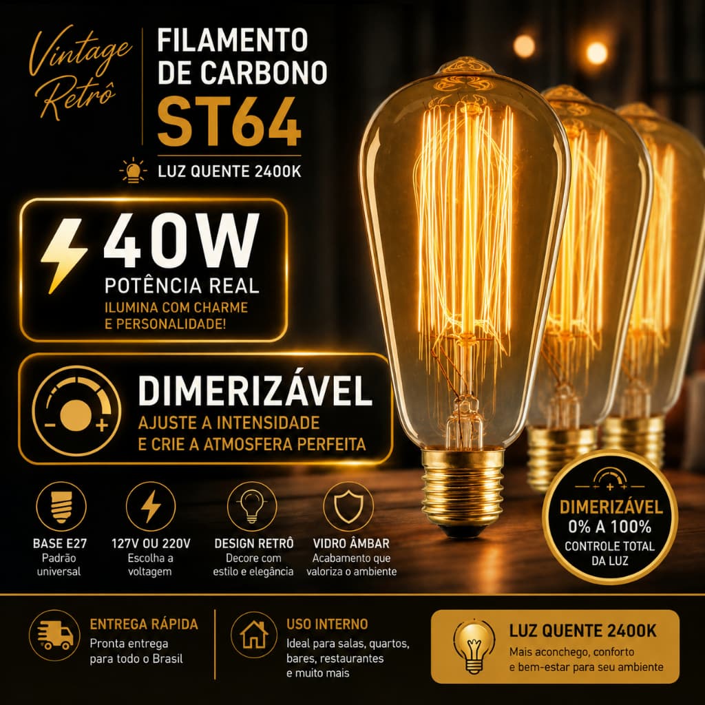 Kit 3 Lâmpada St64 Filamento Carbono Dimerizável Retro Decorativa Vintage 40W AMBAR 2400K