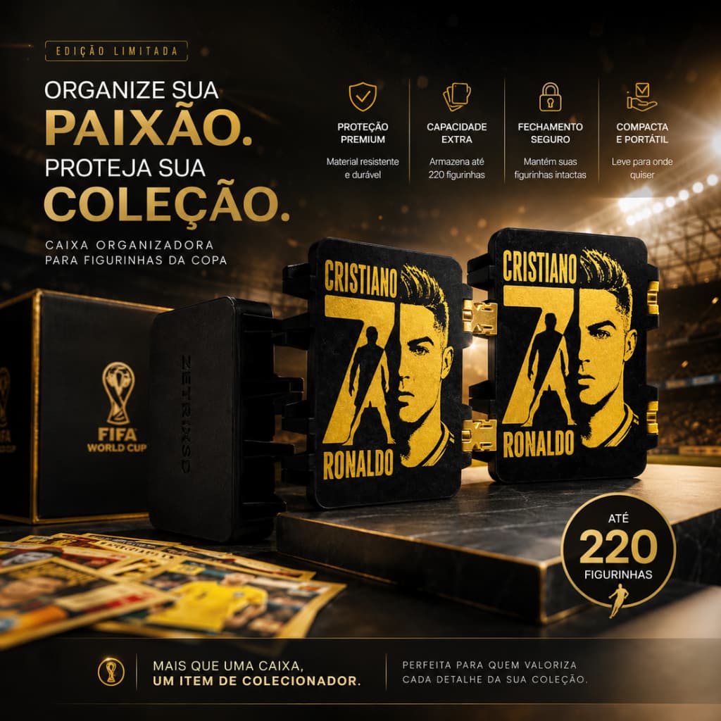Caixa de Figurinhas da Copa Personalizada Cristiano Ronaldo CR7 | Porta Cards Compacto para 220 Figurinhas