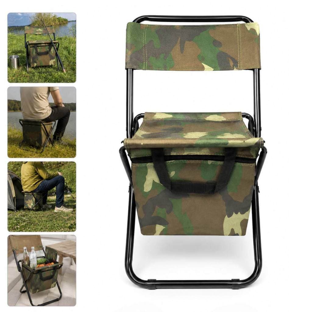Cadeira Dobrável com Cooler Integrado Camuflado para Camping Pesca Ao Ar Livre