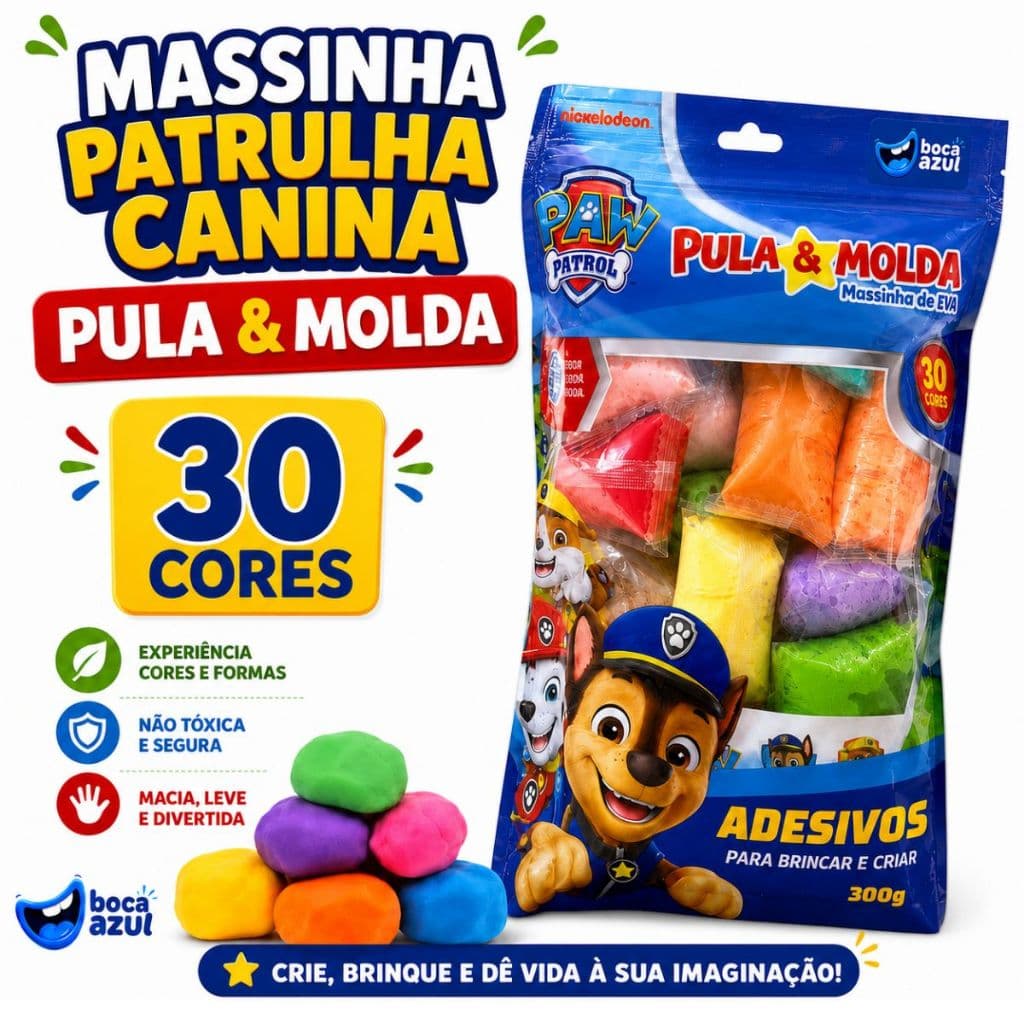 Massa De Modelar Patrulha Canina Pula E Molda 30 Cores 300g Comadesivos Marshall Chase Rubble Eva Atoxica Boca Azul