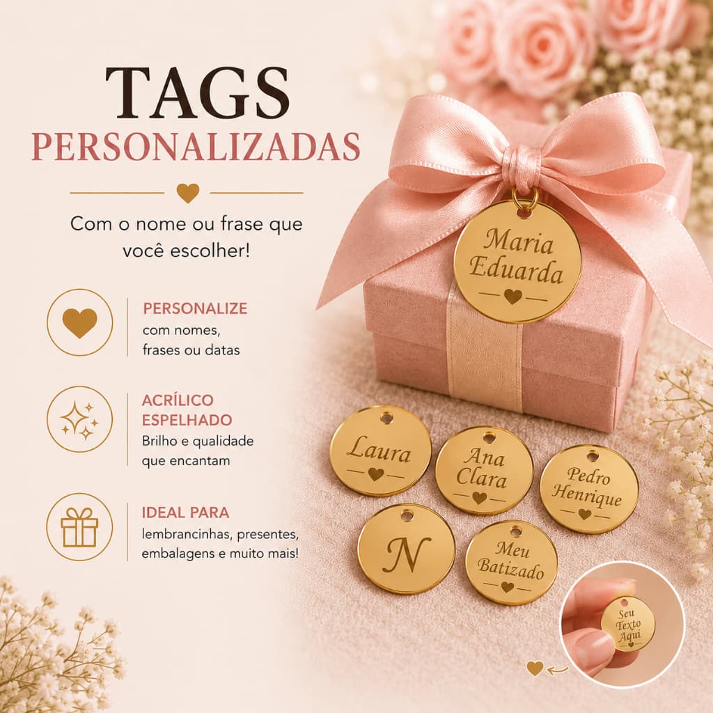 Kit Tag Personalizada Acrílico Espelhado 2cm | Lembrancinha Festa, Batizado, Aniversário e Casamento