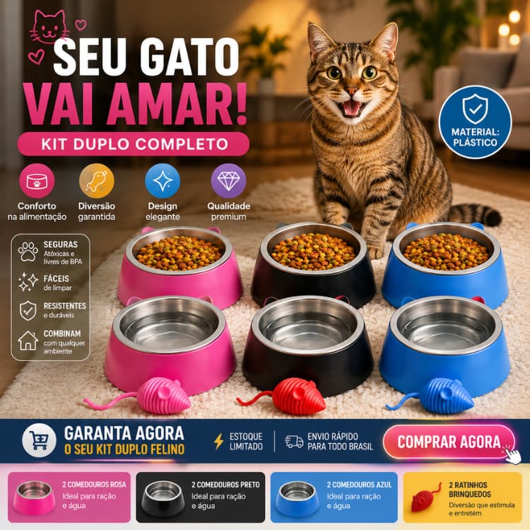 Kit 2 Comedouros Elevados Gato Ergonômico Inclinado Pote de Ração e Água com Brinquedo Ratinho Pet