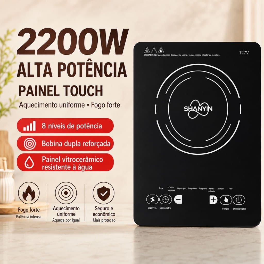 Cooktop De Indução 1 Boca Preto Com Trava De Segurança Painel Touch Screen