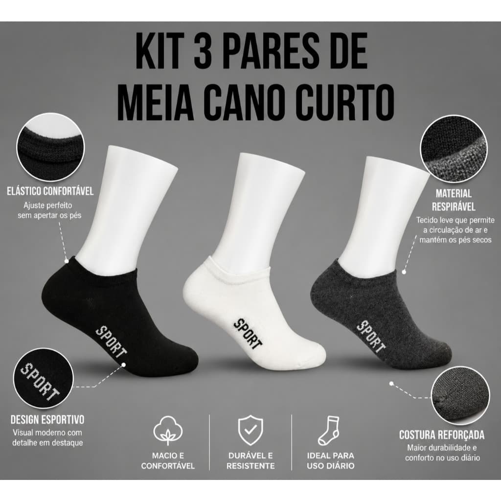 Kit 3 Pares de Meia Cano Curto Cano Baixo Soquete Sapatilha Unisex
