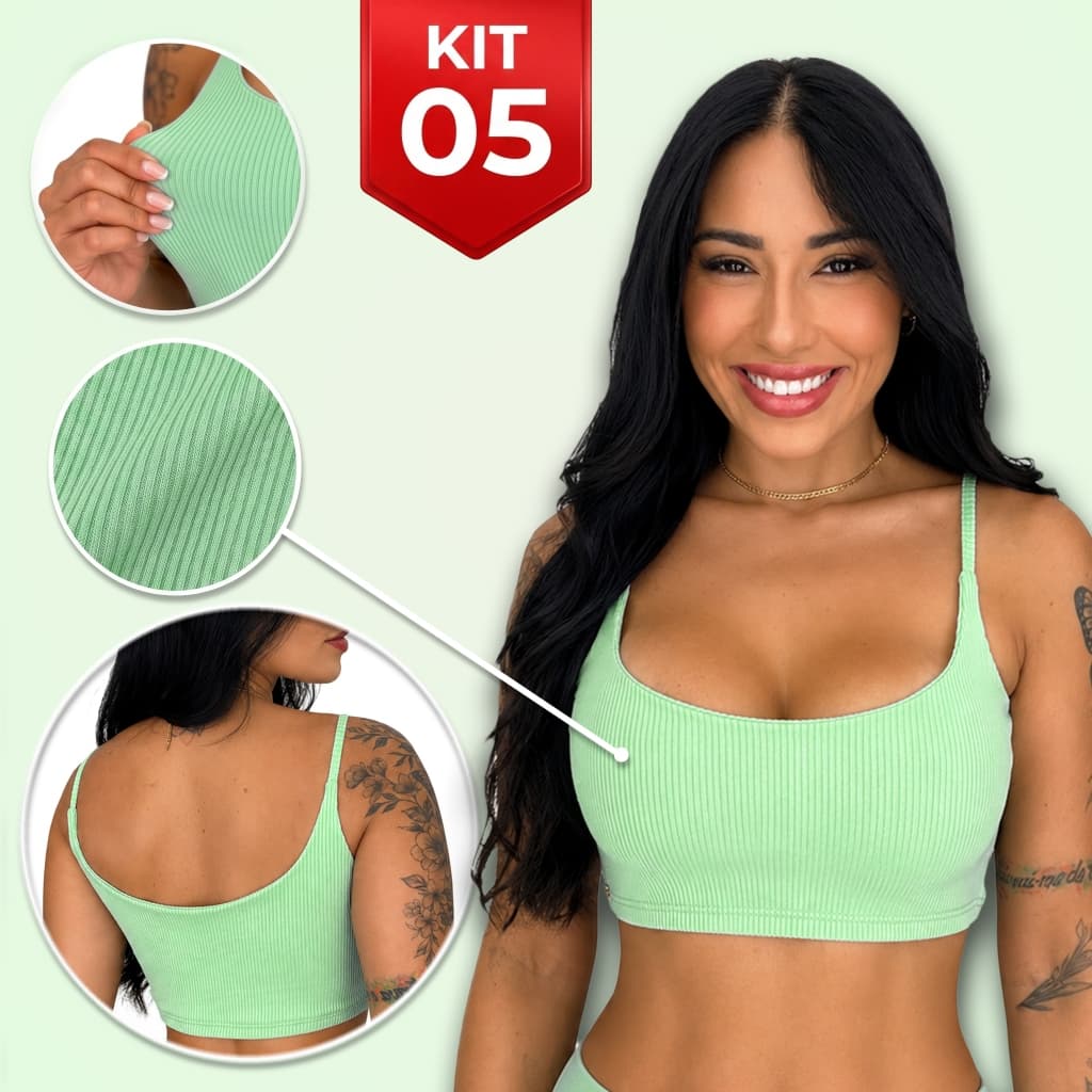 Kit 5 Top Canelado Forro Duplo Confortável Sem Bojo Alça Sutiã Não Marca Dia a Dia Fitness