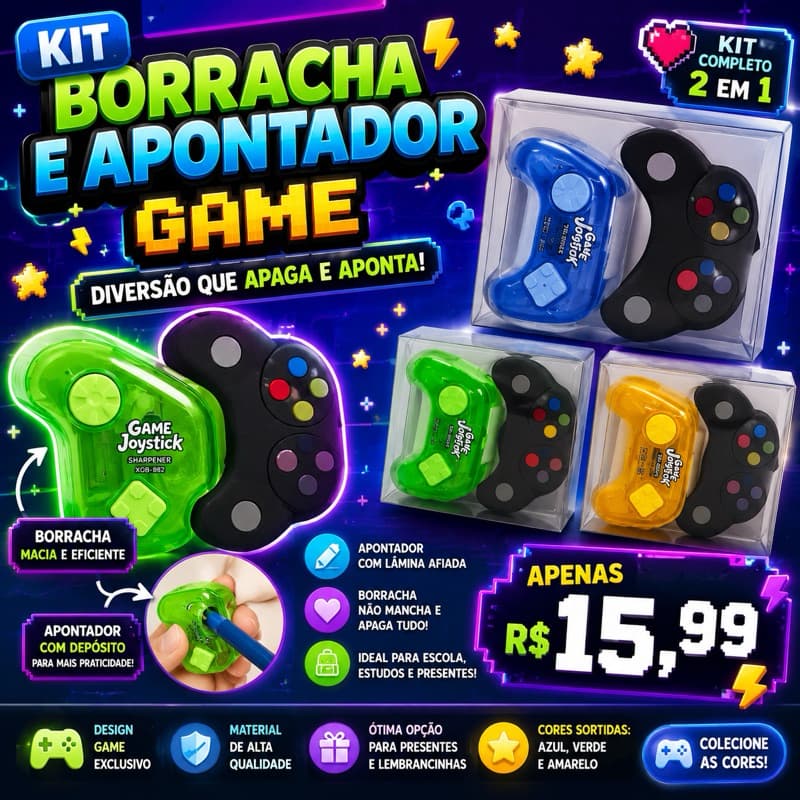 Kit Borracha e Apontador Game Controle Video Game Escolar Infantil 2 em 1